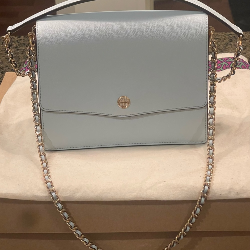 Lightly used Tori Burch light blue purse. Beautiful condition. $150 - Picture 8 of 9